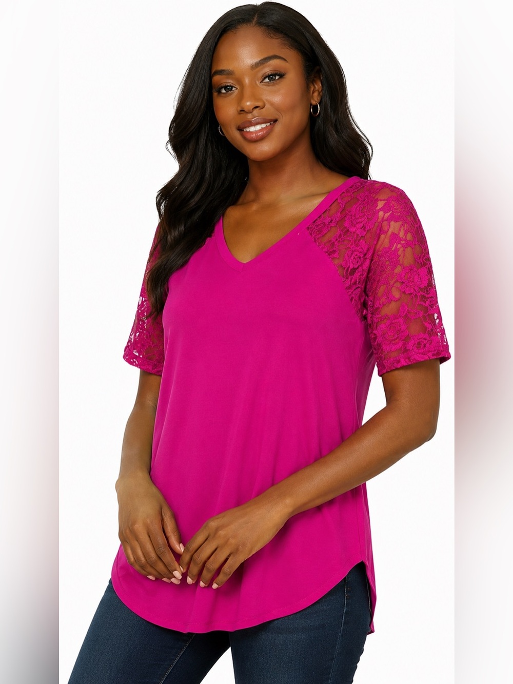 Zenana Outfitters Fuchsia Lace Sleeve V-Neck Short Sleeve Top